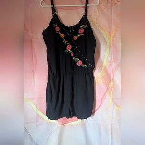 Black Floral Embroidered Romper W Stud Details